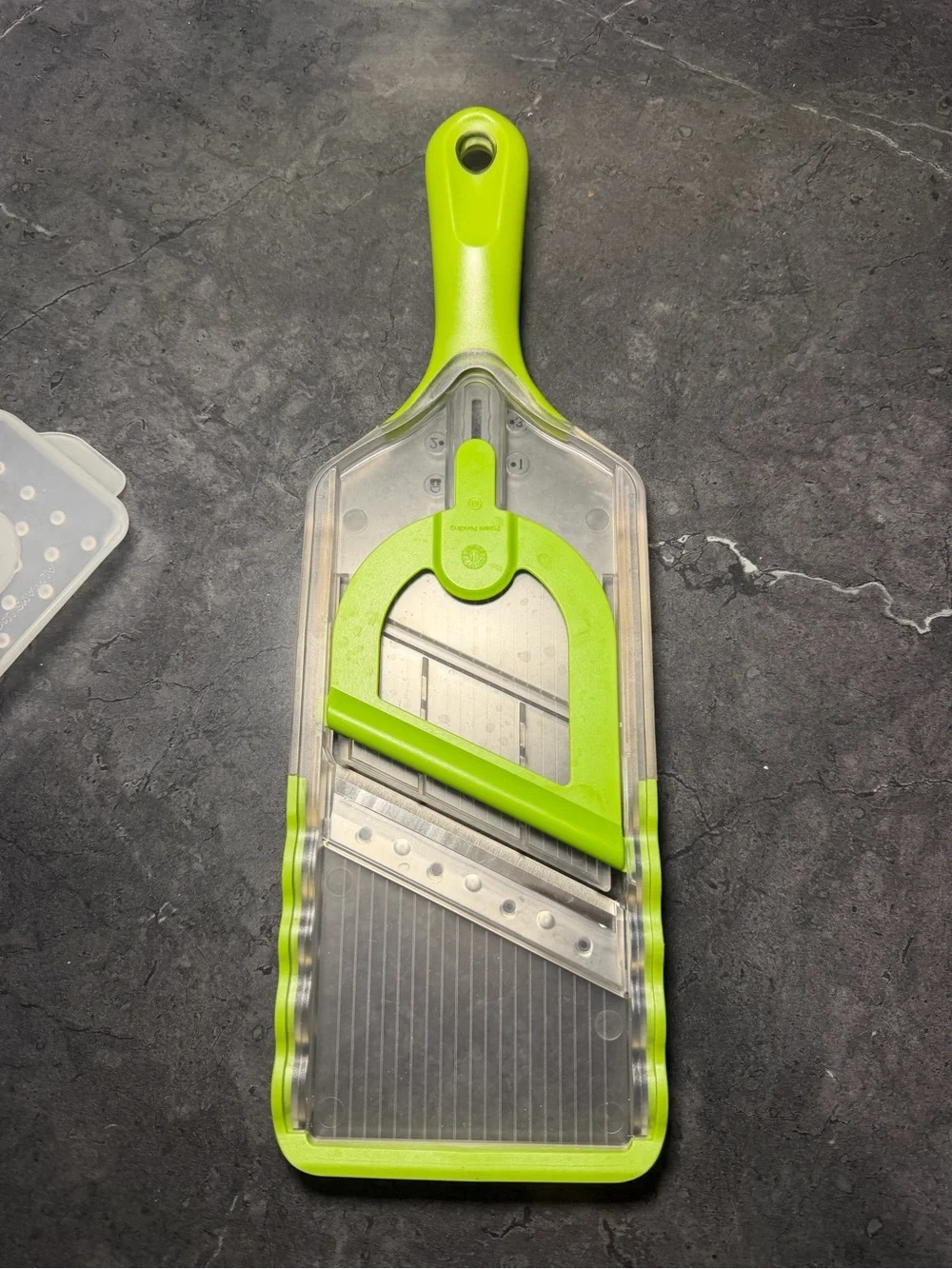 Hand-held mandoline slicer Fruits  Vegies, green V-shaped stainless steel blade
